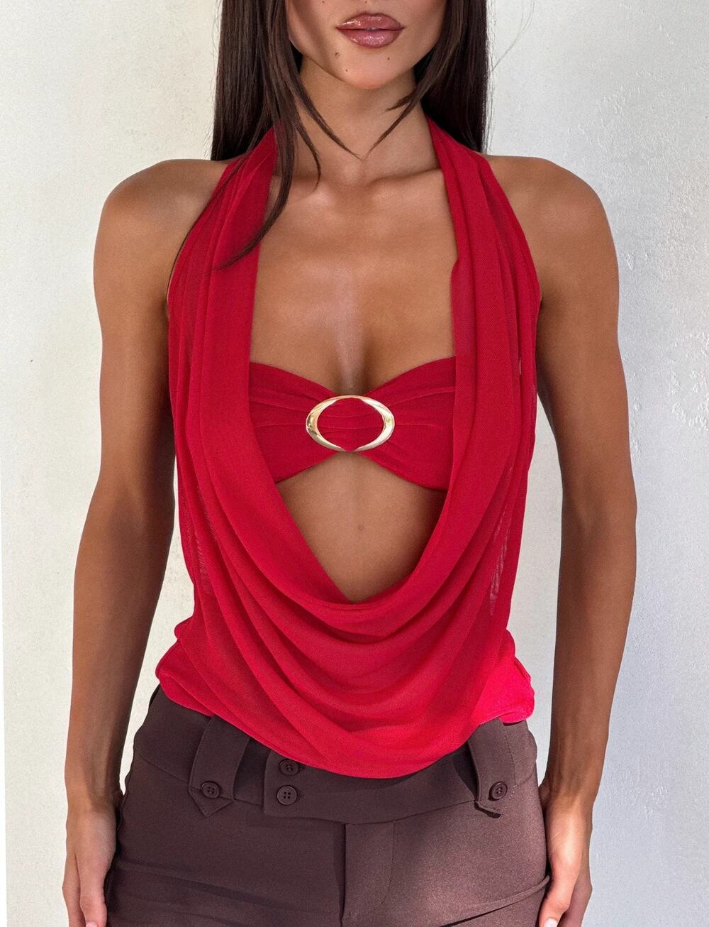 Tiger Mist Makena Two-Piece Top Red Sz Small Bandeau Sheer Club Summer New